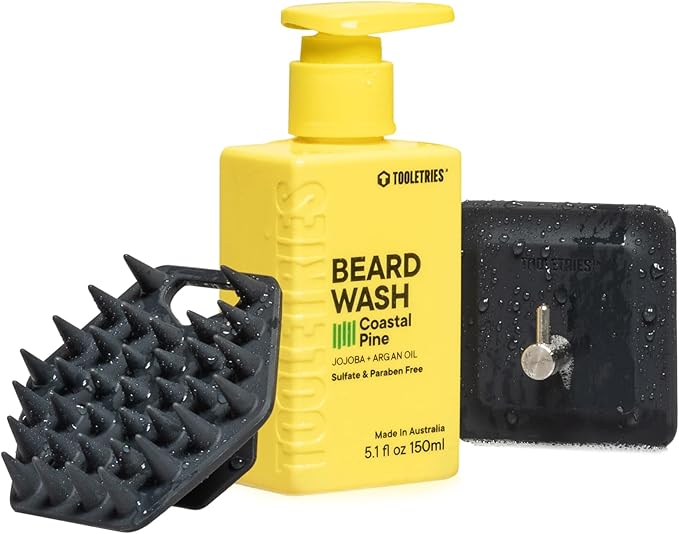 TOOLETRIES Beard Scrub Kit - Silicone Beard Scrubber & Storage Hook, Hydrating Men's Beard Wash - Bathroom & Shower Toiletries for Men, Travel Essentials