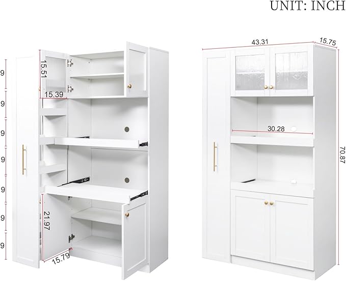 KEIKI 70.87" Tall Kitchen Pantry Storage Cabinet with Pull-Out Multi-Tier Shelf, Countertop, Glass Doors, Microwave Stand, Freestanding Wood Hutch Food Pantries Cupboard for Coffee Bar, Dining Room