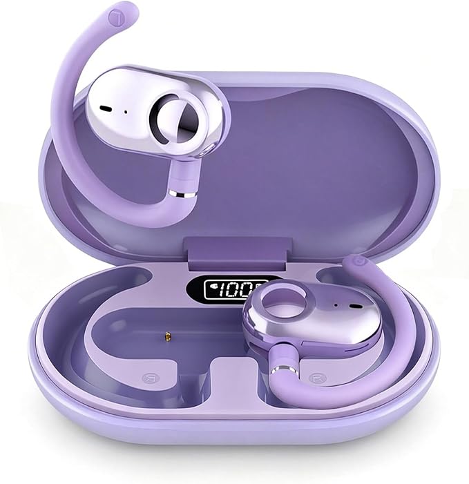 Purple Over Open Ear Earbuds Headphones Bluetooth Wireless Outside Out of Ear Buds Hook for Runners Wrap Around Ears Air Bone Conduction Headsets Workout Sports Eabuds Earphones with Earhooks