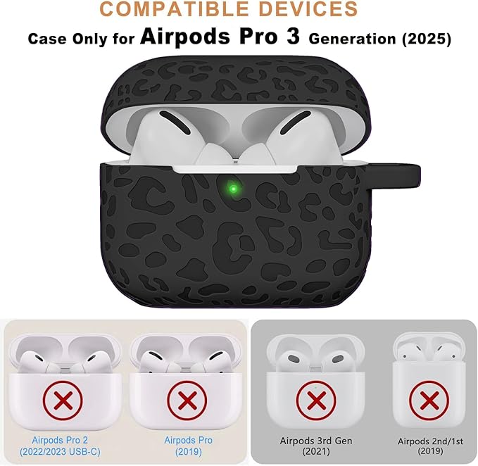Case Compatible with AirPods Pro 3 Generation 2025 Cover with Keychain, Gawnock Engraved Leopard Skin Soft Cover for AirPods Pro 3 Case Full Protection,Front LED Visible, Black