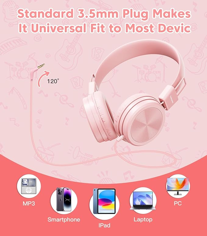 Kids Headphones, Toddler Headphones with Safe Volume Limiter 94dB, Wired School Headphones for Kid, 3.5mm Adjustable On-Ear Headphone for Boys/Girls/Children/Teens/iPad/Computer, Light Pink
