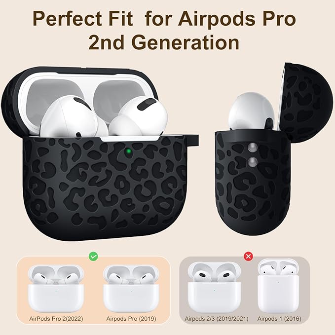 Compatible with Airpods Pro 2nd Generation Case, Leopard Engraved Soft Silicone Skin Cover Full Protective Case for AirPods Pro Case 2nd/Airpod Pro Case Cover,Front LED Visible,Black