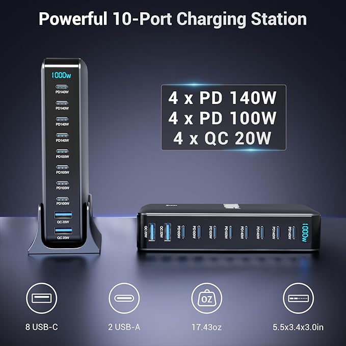 1000W USB C Charging Station, 10-Port USB C Desktop Charger, PD 140W PD 100W QC 20W GaN IV Fast USB Charging Hub for MacBook, Ipad, iPhone, Samsung