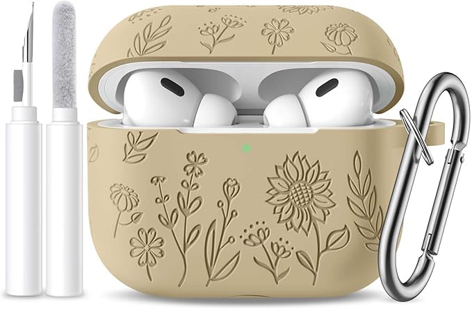 Flower Engraved Case for AirPods Pro 2 Gen with Clean Kit & Keychain, Soft Silicone Protective AirPods Pro 2 Case Cover for Apple AirPods Pro 2nd/1st Generation, Front LED Visible, Milk Tea