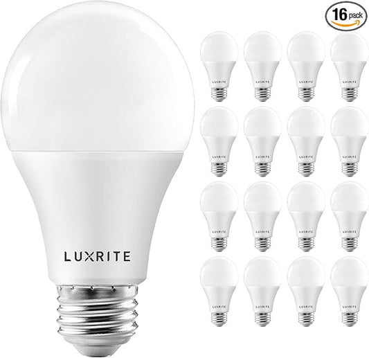 LUXRITE A19 LED Light Bulbs 100 Watt Equivalent Dimmable, 4000K Cool White, 1600 Lumens, Enclosed Fixture Rated, Standard LED Bulbs 15W, Energy Star, E26 Medium Base - Indoor and Outdoor (16 Pack)