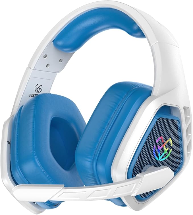 Tatybo Wireless Gaming Headset for PC, Ps5, Ps4, 2.4 Ghz USB & Type-C Gaming Headphones with Microphone, 30H Battery Bluetooth Headphones for Switch, Laptop, Mobile, Mac (Blue White)