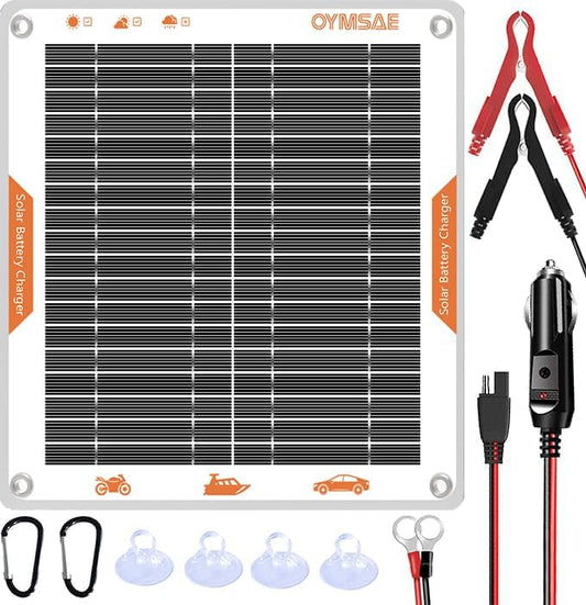 OYMSAE White 5W 12V Solar Car Battery Charger Portable Waterproof Solar Power Battery Charger & maintainer with Trickle Cigarette Lighter Plug & Alligator Clip