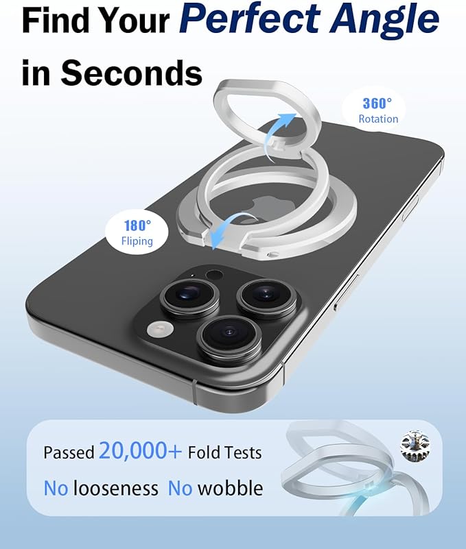 Phone Grip for MagSafe,360°& 180°Rotation Magnetic Phone Ring Holder with Kickstand,Dual-Ring Thin Phone Stand for 17/16/15/14/13/12 Series-Silver