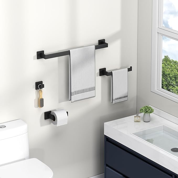 Bathroom Hardware Set Matte Black, Angle Simple Stainless Steel Bath Accessory Kit, 4 Pieces - Towel Hook, Toilet Paper Holder, Towel Holder and Towel Bar