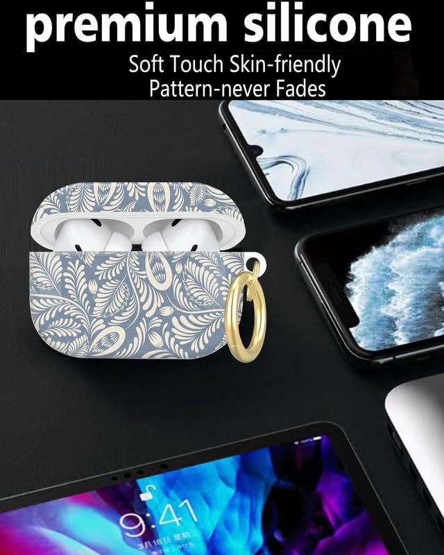 Compatible with AirPod Pro 2nd/1st Generation Case Cover with Key Chain,Full Protective Shockproof Wireless Headphone Case for Airpod Pro 2023/2022/2019(Blue Leaf)