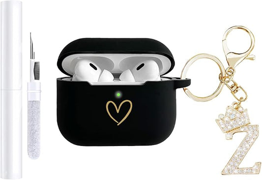 Compatible with AirPods Pro 3 Case Cover (2025), Soft Silicone Case with Gold Heart Pattern for AirPods Pro 3rd Generation Case with Rhinestone Studded Letter A-Z Keychain (Z Black)
