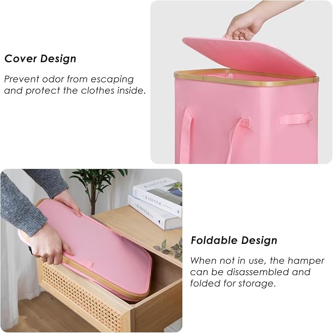WELTRXE Laundry Hamper on Wheels 110L Large Clothes Basket with Lid and Extended Handles, Foldable Laundry Hamper for Bedroom, Bathroom, Dorm, Laundry Room, Pink Rolling Laundry Basket with Wash Bag