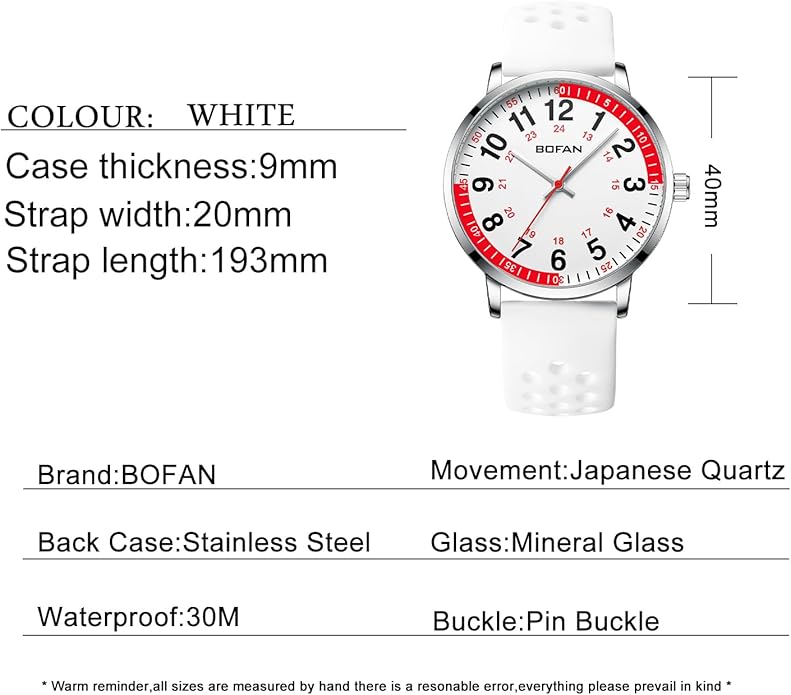 BOFAN Nurse Watch for Medical Professionals,Students,Doctors with Easy to Read Dial,Second Hand and 24 Hour,Soft and Breathable Silicone Band,Water Resistant