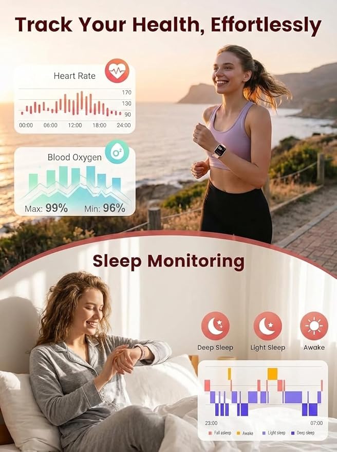 SKG Smart Watch for Women, Fitness Tracker with 5ATM Swimming Waterproof, Sleep Monitor, 1.7'' Touch Screen Smartwatch Fitness Watch for Android-iPhone iOS,V7 Pink