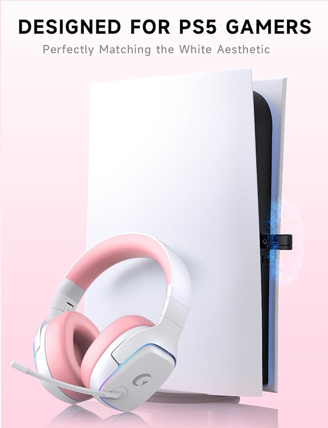 2.4GHz Wireless Gaming Headsets for PS5, PS4, PC, Switch - Bluetooth 5.3 Gaming Headphones with Noise Canceling Mic, 7.1 Surround Sound, 70H Battery, RGB Lighting - Pink