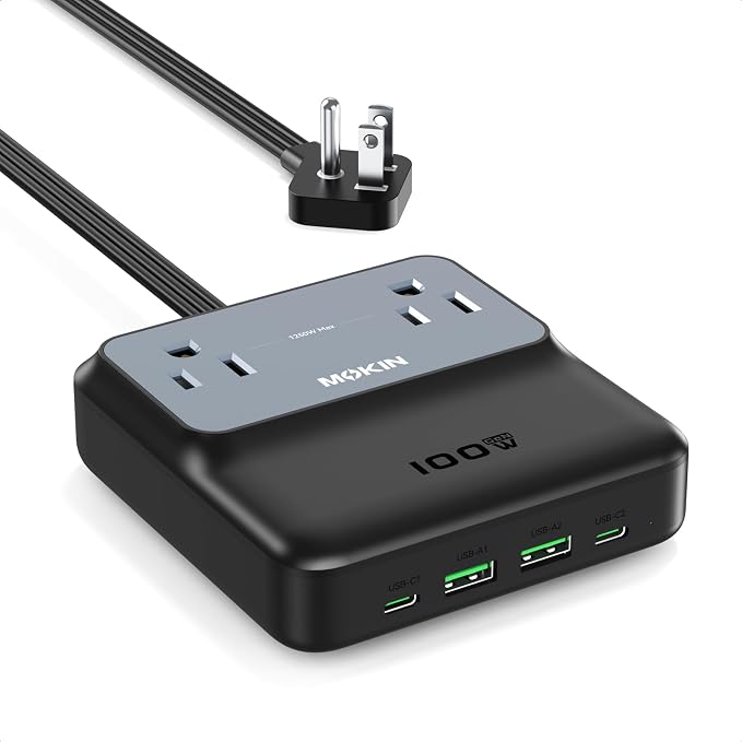 100W Max Travel Power Strip, 5ft Extension Cord USBC Charging Station