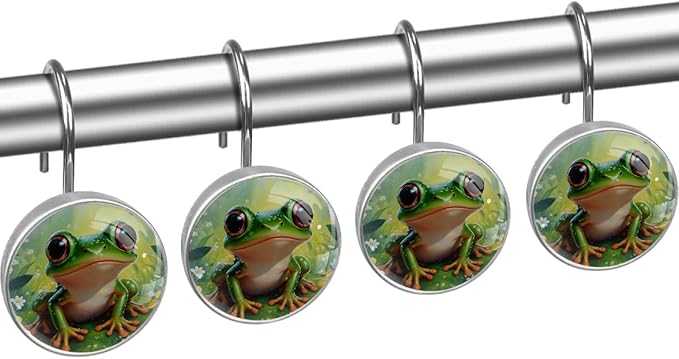 12 Packs Cute Frog Shower Curtain Hooks, Stainless Steel Glass Shower Curtain Rings for Bathroom Decor, Metal Rustproof Curtain Rod Hooks