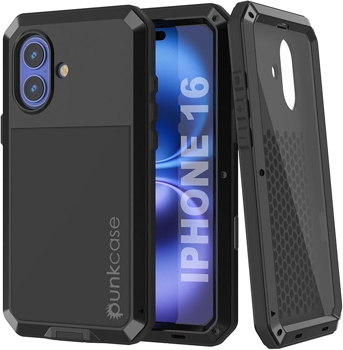 Punkcase for iPhone 16 Metal Case | Heavy Duty Military Grade Armor Cover | Hard Aluminum & TPU Design W/Tempered Glass Screen Protector for iPhone 16 (6.1") (2024) [Black]