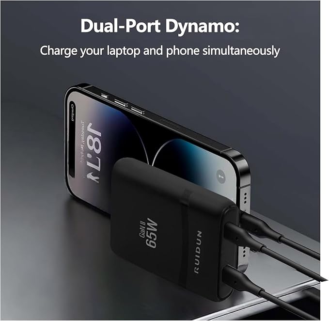 65W GaN USB C Charger,Dual-Port Fast Wall Charger,PD 3.0 & QC 4.0,Foldable Plug for MacBook Pro/Air, iPhone 15, iPad Pro, Galaxy S24, Steam Deck & More (Black-2C)