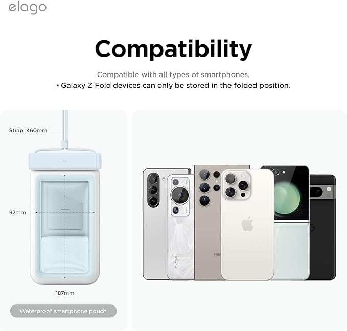elago Waterproof Phone Pouch for iPhone 16/15/14/13/12/11 Series, Galaxy S25/S24/S23/S22/S21 Series - Underwater Screen Touchable Dry Bag, Dual Zipper Lock, Including Card Pocket [Light Blue]