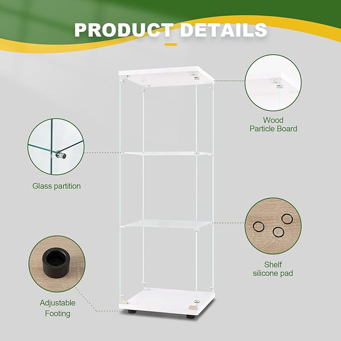 LFT HUIMEI2Y Glass Display Cabinet 3-Shelf with Door and Lock, Curio Cabinets Upgraded Quick-Install Style Tempered Glass Floor Standing Bookshelf for Bedroom, Living Room 49”x 17”x 14” White