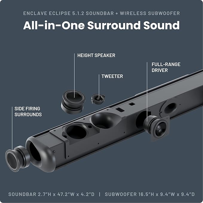 Enclave Eclipse 5.1.2 Dolby Atmos Soundbar with 8” Wireless Subwoofer - Includes 11 Custom Drivers & 8-Inch Subwoofer for Multidimensional Spatial Sound