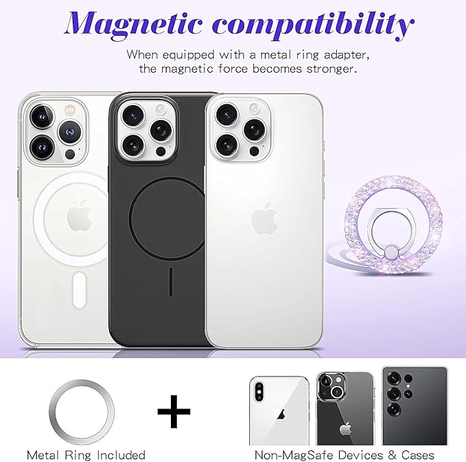 Bling Magnetic Phone Ring Holder for Mag-Safe, Glitter Magnet Cell Phone Grip Stand Sparkle Finger Ring Magnetic Compatible with iPhone 16 Pro Max 15 14 13 12 Mag-Safe Accessories（Purple）