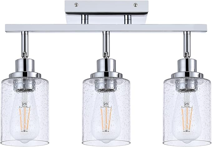 3-Light Chrome Track Light Fixture Ceiling Track Lighting Heads with Seeded Glass Chrome Multi-Directional Rotating Track Lighting Kit Vanity Light Spotlight for Kitchen Accent Shop Bathroom