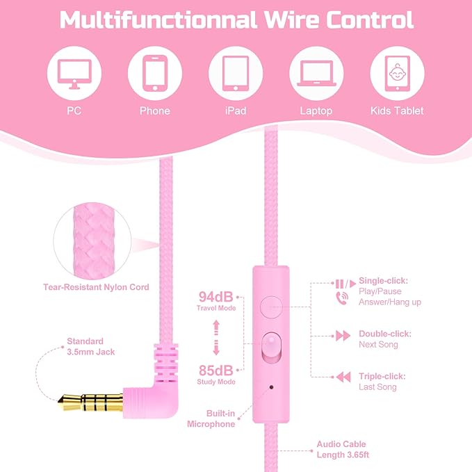QearFun Kids Cat Ear Headphones Wired with Mic, 85/94dB Safe Volume Limit, Sparkly Wired Headset, Foldable, Sharing Port & Tangle-Free Cord for School, Chromebook, Tablet, Travel, Boys & Girls