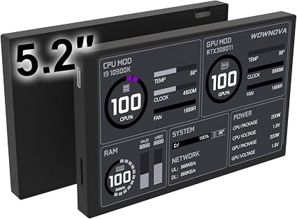 WOWNOVA 5.2" Customizabe LCD Screen Inside PC Case Screen for Computer Setup - Customizable PC Temperature Display Panel, GPU CPU FPS RAM HDD Computer Temp Monitor (Black)