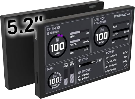 WOWNOVA 5.2" Customizabe LCD Screen Inside PC Case Screen for Computer Setup - Customizable PC Temperature Display Panel, GPU CPU FPS RAM HDD Computer Temp Monitor (Black)