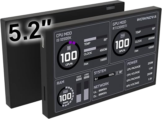 WOWNOVA 5.2" Customizabe LCD Screen Inside PC Case Screen for Computer Setup - Customizable PC Temperature Display Panel, GPU CPU FPS RAM HDD Computer Temp Monitor (Black)