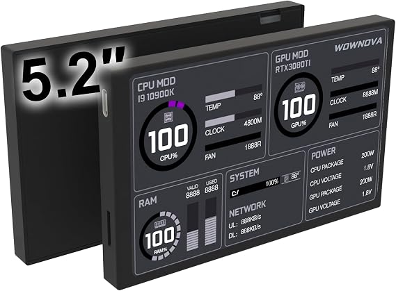 WOWNOVA 5.2" Customizabe LCD Screen Inside PC Case Screen for Computer Setup - Customizable PC Temperature Display Panel, GPU CPU FPS RAM HDD Computer Temp Monitor (Black)