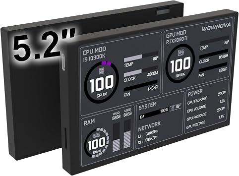 WOWNOVA 5.2" Customizabe LCD Screen Inside PC Case Screen for Computer Setup - Customizable PC Temperature Display Panel, GPU CPU FPS RAM HDD Computer Temp Monitor (Black)