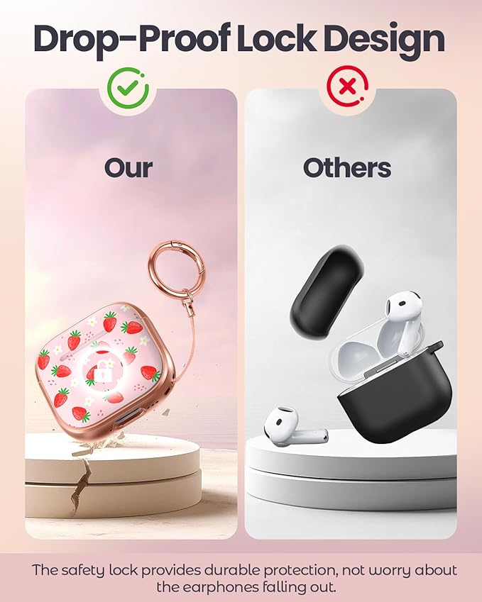 Coralogo for AirPods 4 Case with Safety Lock - Cute Cartoon for Women Girls Fashion Stylish Strawberry Pattern Design Kawaii Girly Girlish Hard Protective Cover for AirPods 4th Generation 2024