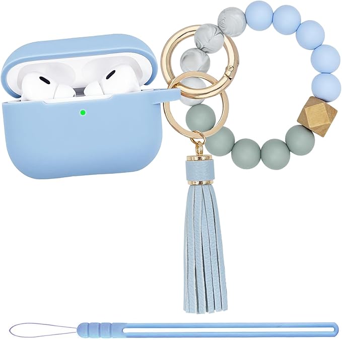 Compatible with Airpods Pro 2nd Generation Case Cover 2022, Soft Silicone Protective Cover with Bracelet Keychain for Apple Airpods Pro 2 Case for Women (Sky Blue)