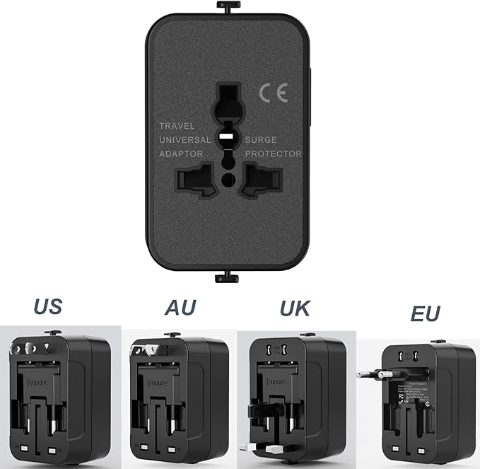 2025 Upgraded Universal Travel Adapter, Portable All in One International Power Adapter, European Travel Plug Adapter, for AC Power Plug USB-A Type-C Charging Ports with Double Fuse