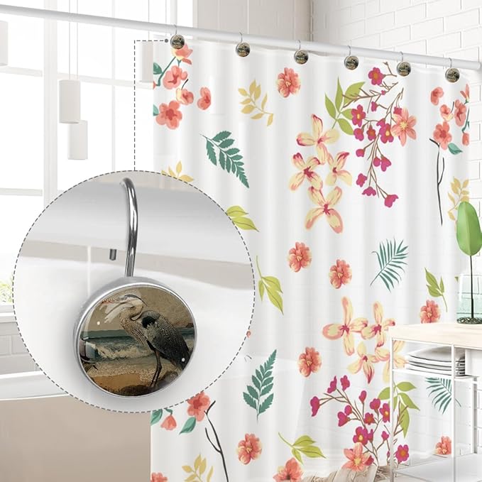 Beach Heron Shower Curtain Hooks, 12Pcs Decorative Rust Resistant Shower Rings for Shower Curtain Rods, Stainless Steel Round Curtain Hooks for Bathroom, Bedroom, Farmhouse