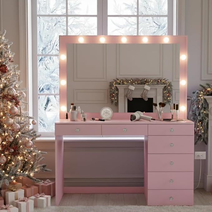 Boahaus Serena Modern Pink Makeup Vanity Desk with Mirror Lights, Power Outlet with USB Ports, Glass Top, Jewelry Divider, 7 Drawers, and Crystal Knobs for Bedroom