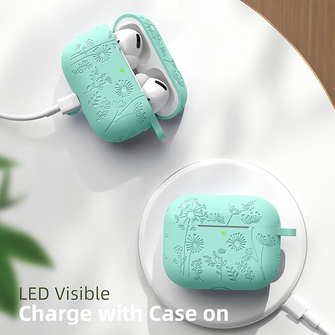 Lerobo Flower Engraved for Airpods Pro Case Cover/Airpod Pro 2 Case, Cute Soft Silicone Skin Full Protective Cover Compatible with Apple Airpods Pro 2nd Generation/1st Generation Case with Keychain