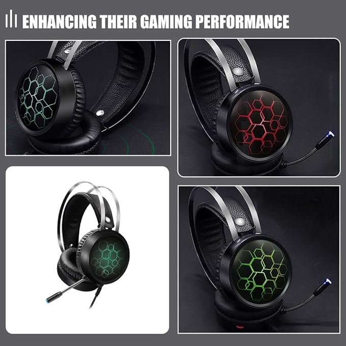 Gaming Wired Over-Ear Headset with Mic USB 7.1 Surround Sound RGB Lighting Comfortable PC Stereo Headphones for Online Gaming and Cyber Cafe Use