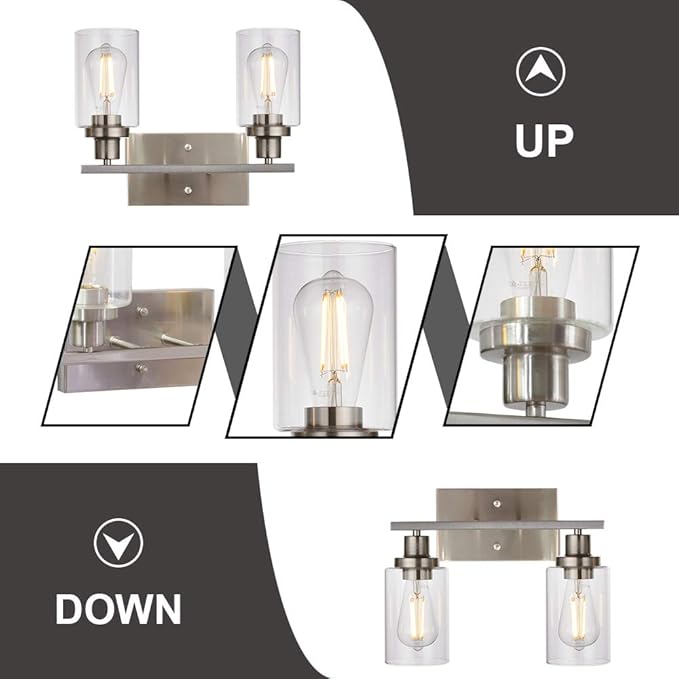 MELUCEE Metal Wall Lights with Clear Glass Shade 2 Heads Bathroom Light Fixtures Brushed Nickel Modern Vanity Lights Sconces for Hallway Bedroom Kitchen (Patent No.: US D963914 S)