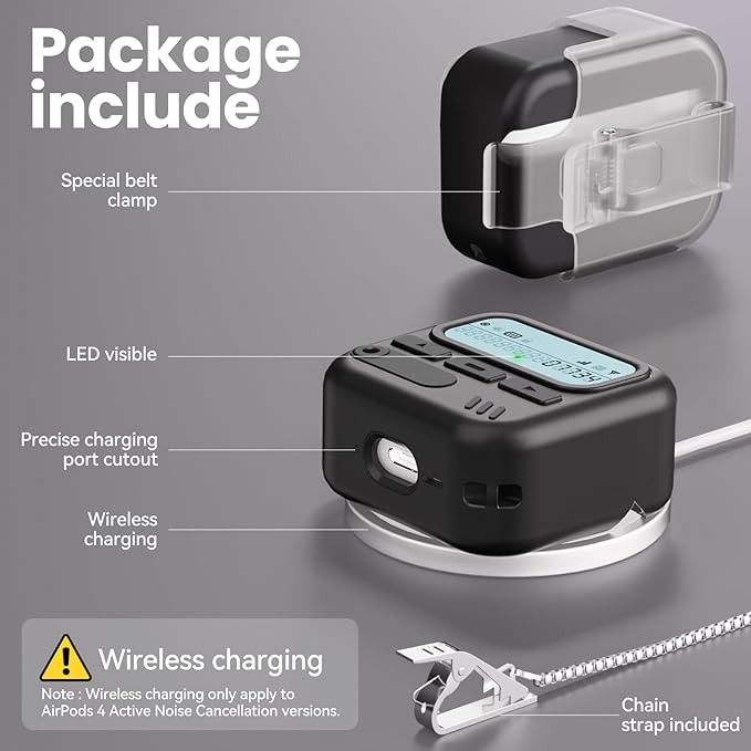 (with Safety Lock) Pager Cases for AirPods 4 Case Cover 2024 with Cleaner Kit,Sturdy Hard PC Protective for Apple AirPods 4th Generation Case for Men Women,AirPods 4 Accessories with Keychain-Black