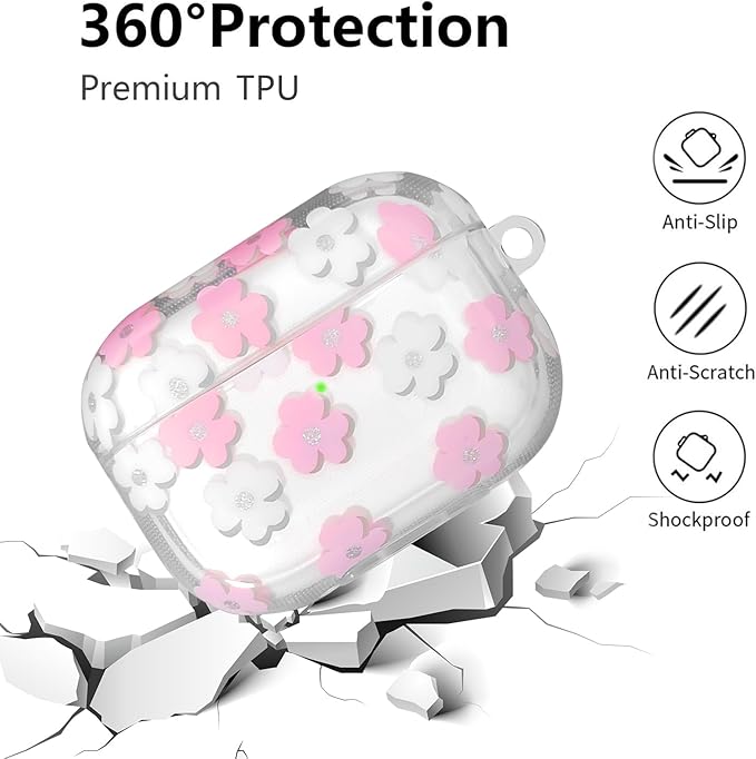 Compatible with AirPods Pro 2 Case Cover 2022, Soft TPU with Cute Flower Pattern for AirPods Pro 2nd/1st Generation Case with Flower Keychain and Carabiner for Girls Women (Pink)