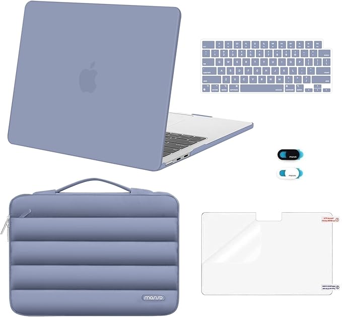 MOSISO Compatible with MacBook Air 13 inch Case M5 2026 M4 2025 M3 M2 2024-2022 A3449 A3240 A3113 A2681, Hard Case&Puffy Bag&Keyboard Cover&Webcam Cover&ScreenFilm for MacBook Air 13.6, Lavender Gray