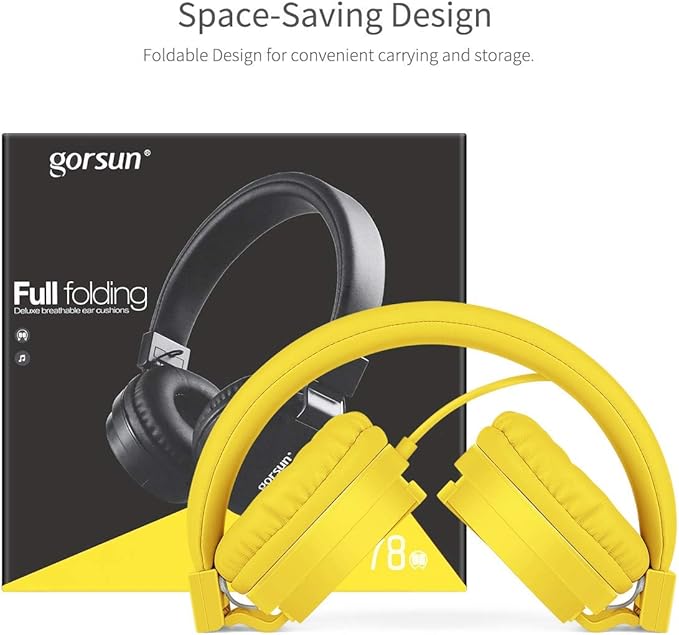 gorsun Kids Headphones, Lightweight Stereo Wired Toddler Headphones, Adjustable Headband Children's Headset for Smartphones Computer Pad Earphones(Yellow)