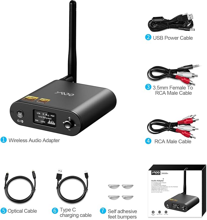 YMOO DAC Bluetooth 5.1 Receiver, LDAC aptX 30ms Low Latency, Optical Coax RCA 3.5mm Jack Hi-Res Input, Lossless Wireless Audio Adapter for Subwoofer, Soundbar, Speaker from Phone/Tablet/PC/TV
