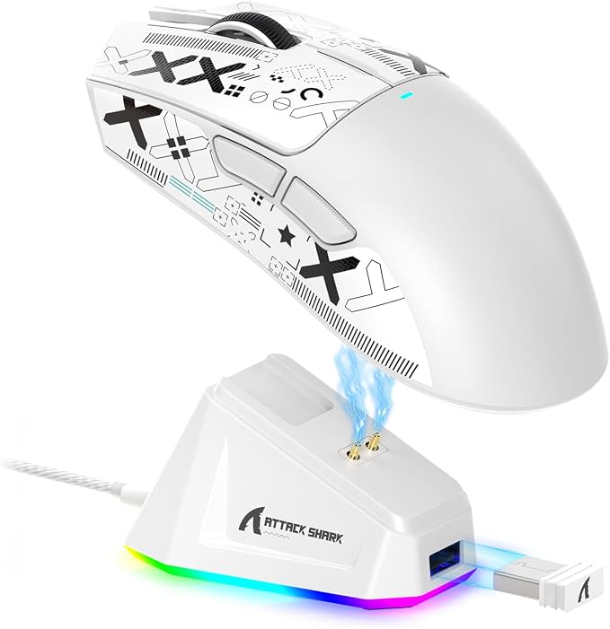 ATTACK SHARK X11 Wireless Gaming Mouse, PAW3311 Sensor, Lightweight, RGB Charging Dock, 22,000 DPI, Tri-Mode Connectivity, 5 Programmable Buttons, Grip Tape Included - White