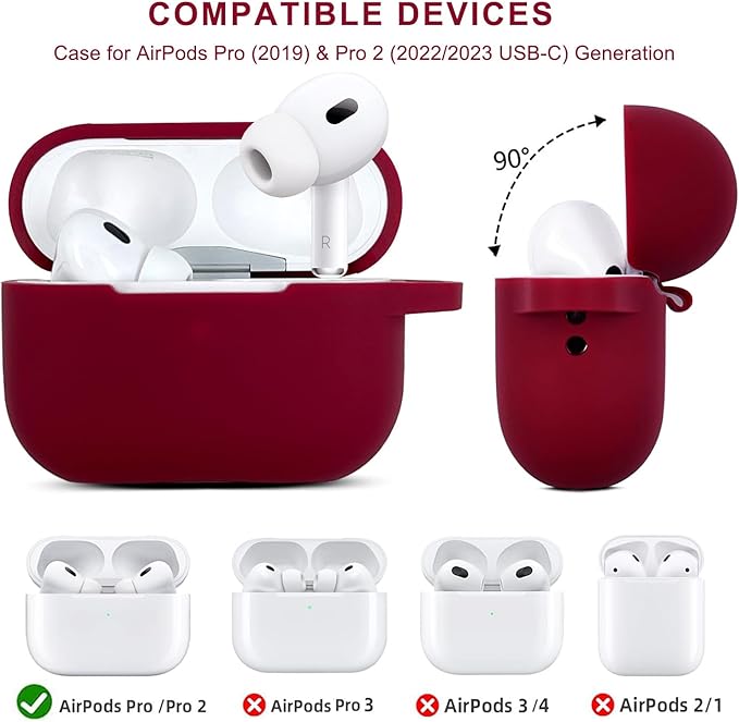 Compatible with AirPods Pro 2nd Generation Case with Cleaner Kit, Silicone Protective Case for Apple AirPod Pro 2nd/1st Earbuds Wireless Charging Cases with Bling Keychain (Burgundy Red)