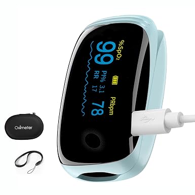 Rechargeable Pulse Oximeter Fingertip Oxygen Monitor Fingertip with SpO2 Pulse Rate and Fast Oximeter SpO2 Readings Outdoor Sports Home (Blue)